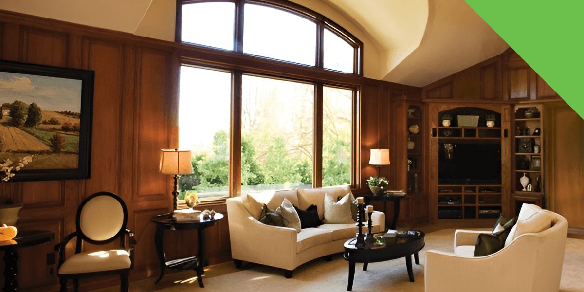 a large arched window in a living room